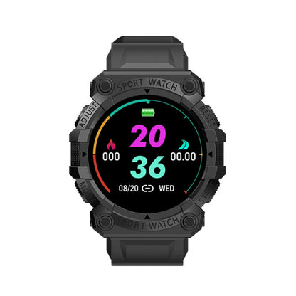 Black sport smartwatch with round color screen showing time and activity numbers