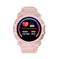Pink sport smartwatch with round color screen showing heart rate and SpO2 readings