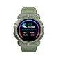 Green sport smartwatch with round color screen showing step and calorie stats