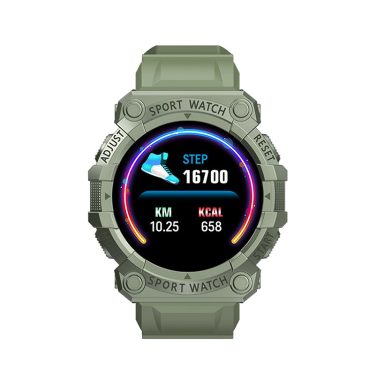Green sport smartwatch with round color screen showing step and calorie stats