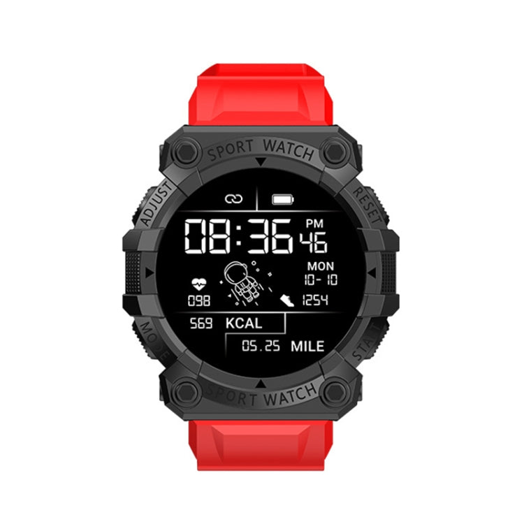 Red sport smartwatch with round color screen showing time and fitness metrics