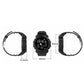 Sport smartwatch with black silicone strap, front view and side view with dimensions