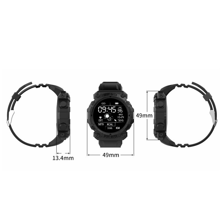 Sport smartwatch with black silicone strap, front view and side view with dimensions