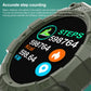 Olive sport smartwatch close-up showing steps and calorie icons on the round screen