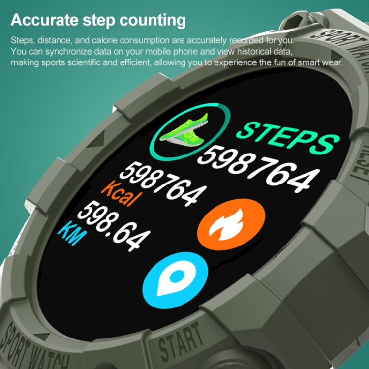 Olive sport smartwatch close-up showing steps and calorie icons on the round screen