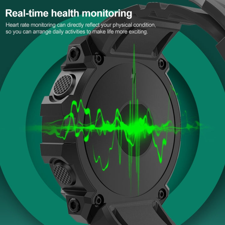 Sport smartwatch close-up with real-time health pulse line graphic on the round screen
