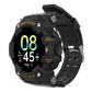 Black sports smartwatch with bright green digital display and side controls