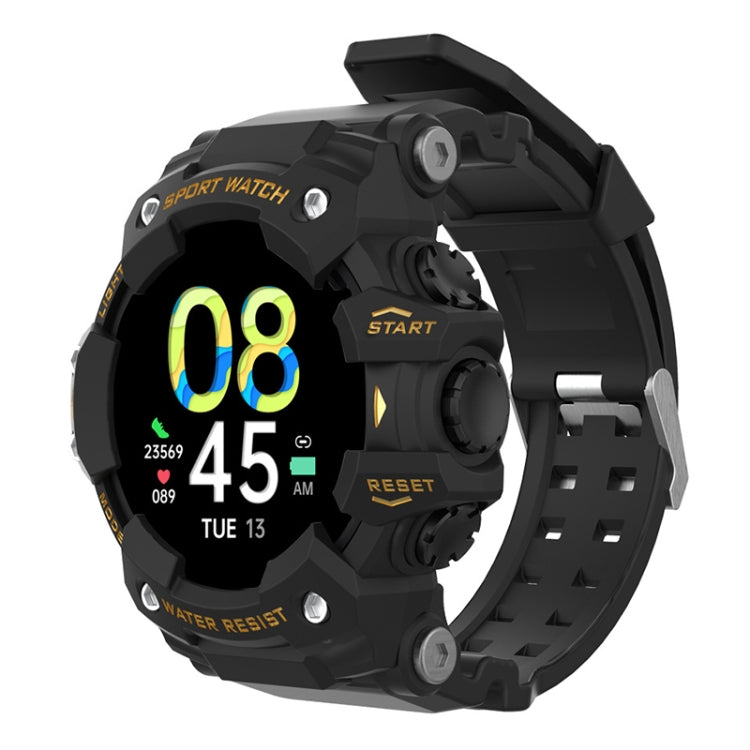 Black sports smartwatch with bright green digital display and side controls