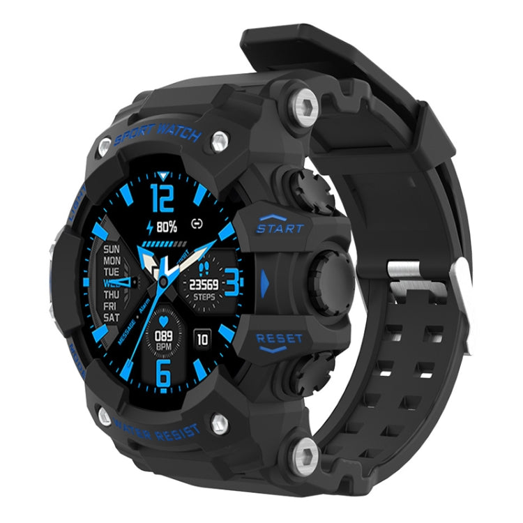Black sports smartwatch with blue analog-style dial on the TFT screen