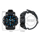 Black sports smartwatch with screen and textured band; size indicators visible