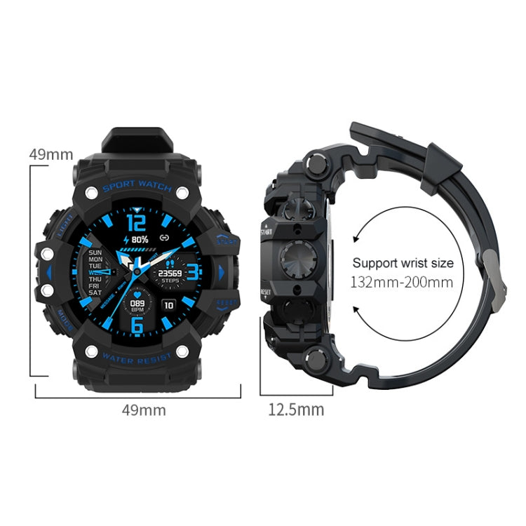Black sports smartwatch with screen and textured band; size indicators visible