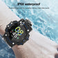 Black sports smartwatch with glowing display and water splash droplets