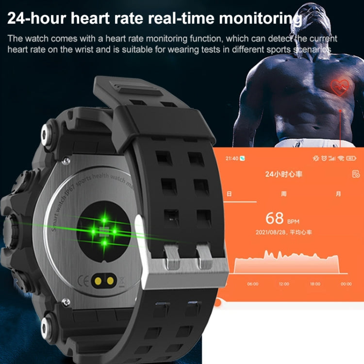 Black sports smartwatch with heart-rate display and glowing sensor on wrist