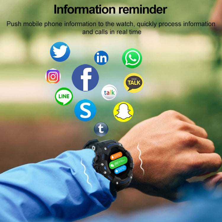 Black sports smartwatch worn on wrist with illuminated status icons on display