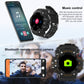 Black sports smartwatch with camera icon on TFT display