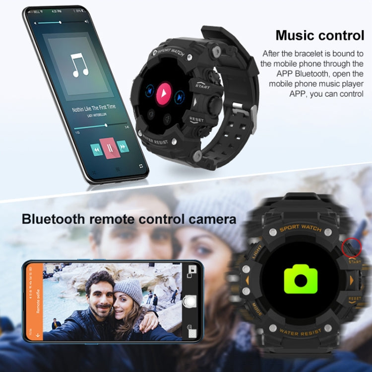 Black sports smartwatch with camera icon on TFT display