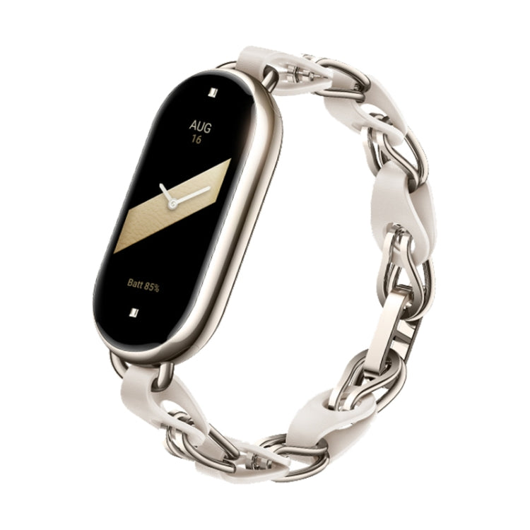White stainless steel chain bracelet for a fitness watch, with metal clasp links