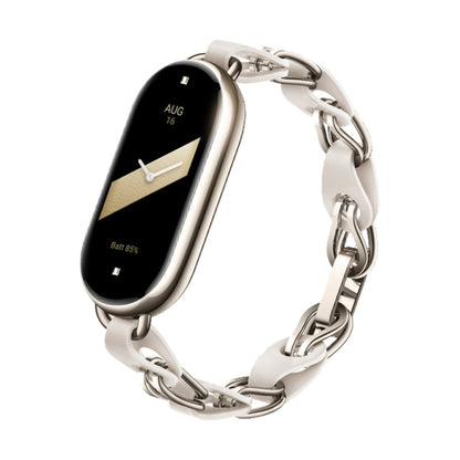 White stainless steel chain bracelet for a fitness watch, with metal clasp links