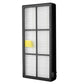 Rectangular HEPA vacuum filter with black frame, white pleated media, and yellow label
