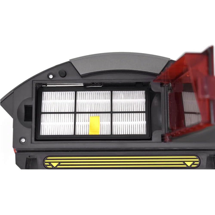 HEPA filter installed in a robotic vacuum dust compartment with white pleated media