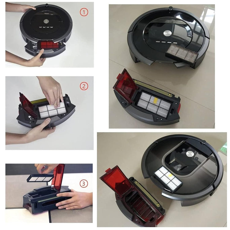 Robotic vacuum replacement showing hands removing and inserting a HEPA filter