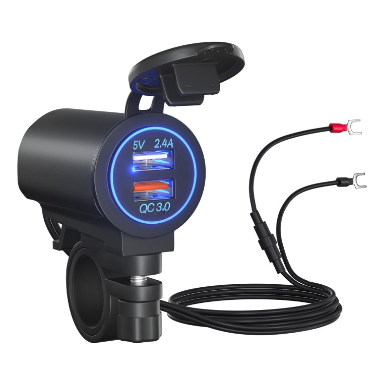 QC3.0 dual USB car charger with blue LED display and two charging ports
