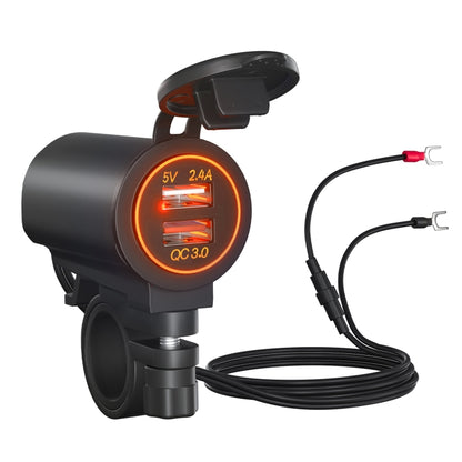 Dual USB QC3.0 car phone fast charger with orange LED ring and connected cable