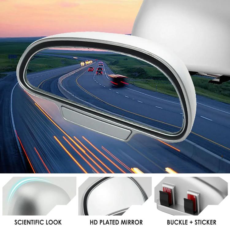 Wide-angle blind spot mirror mounted on car door, black frame with road reflection