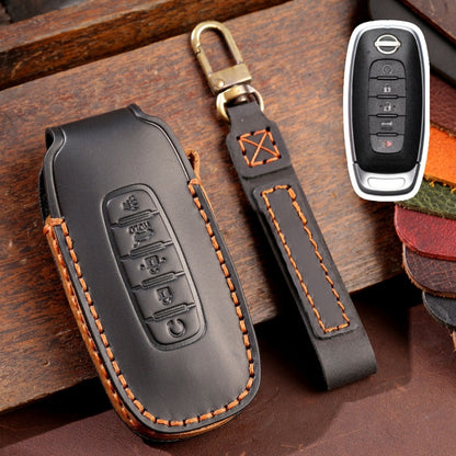 Black leather 5-button start key fob protective cover with orange stitching and key ring