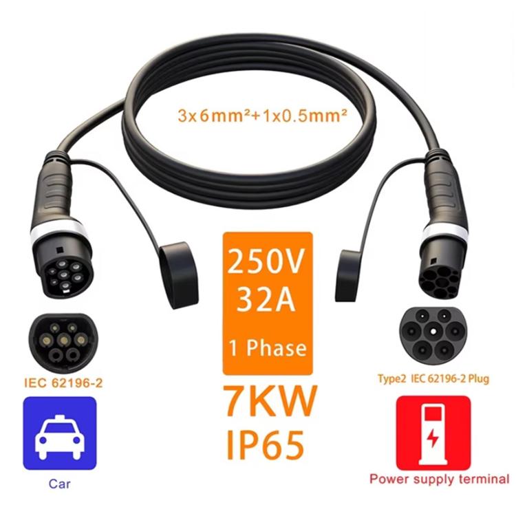 Black EV charging extension cable with Type 2 connectors, 250V 32A rating