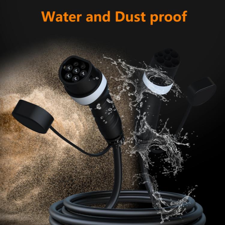 Black EV charging extension cable with dustproof caps on Type 2 connector ends