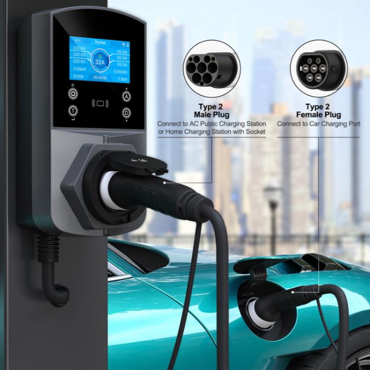 Black Type 2 EV charging extension cable connected to station and car