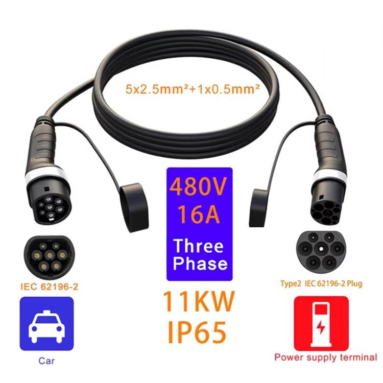 EV charging extension cable, Type 2 plugs for 480V 16A three-phase use