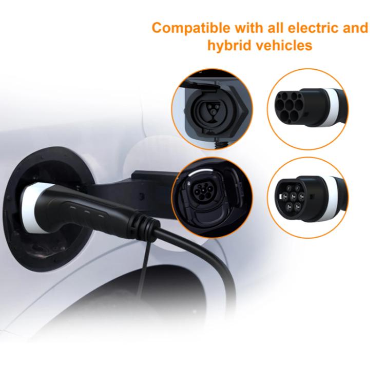 EV charging extension cable with Type 2 plug inserted into a charging port