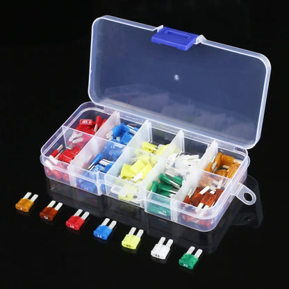 Car fuse holder set in clear box with mixed blade fuses and color-coded caps