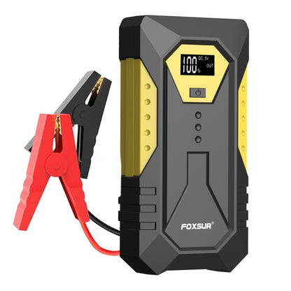 Car emergency jump starter with digital screen and red-and-black clamp cables