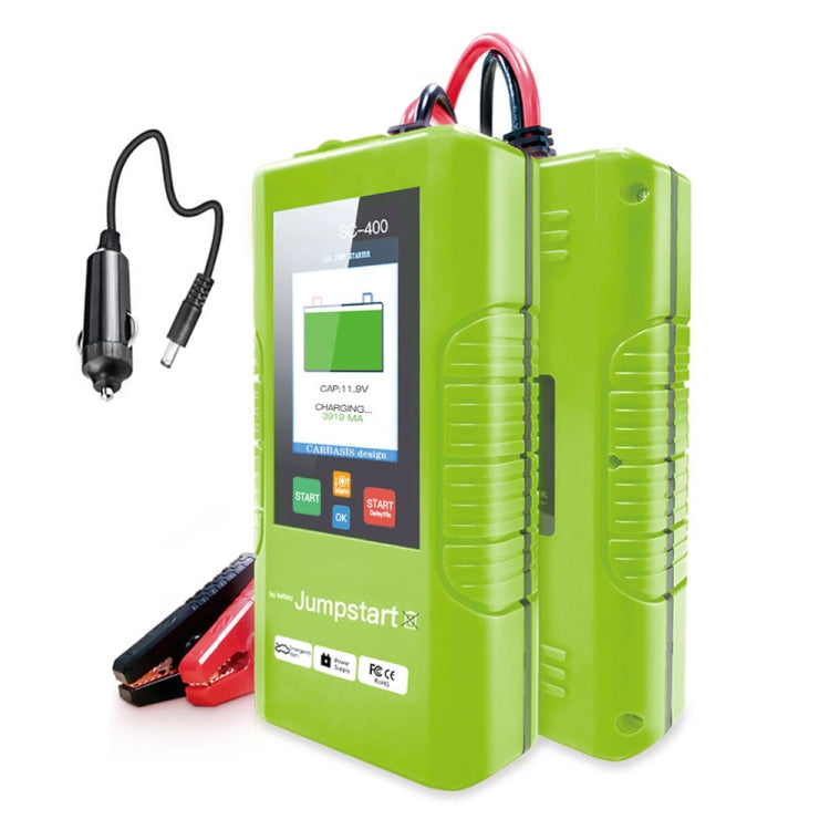 Green 12V car jump starter with LCD screen and red/black battery clamps