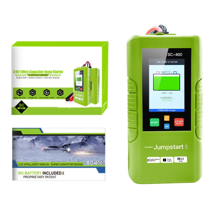 Green 12V car jump starter showing LCD screen on front and accessory set
