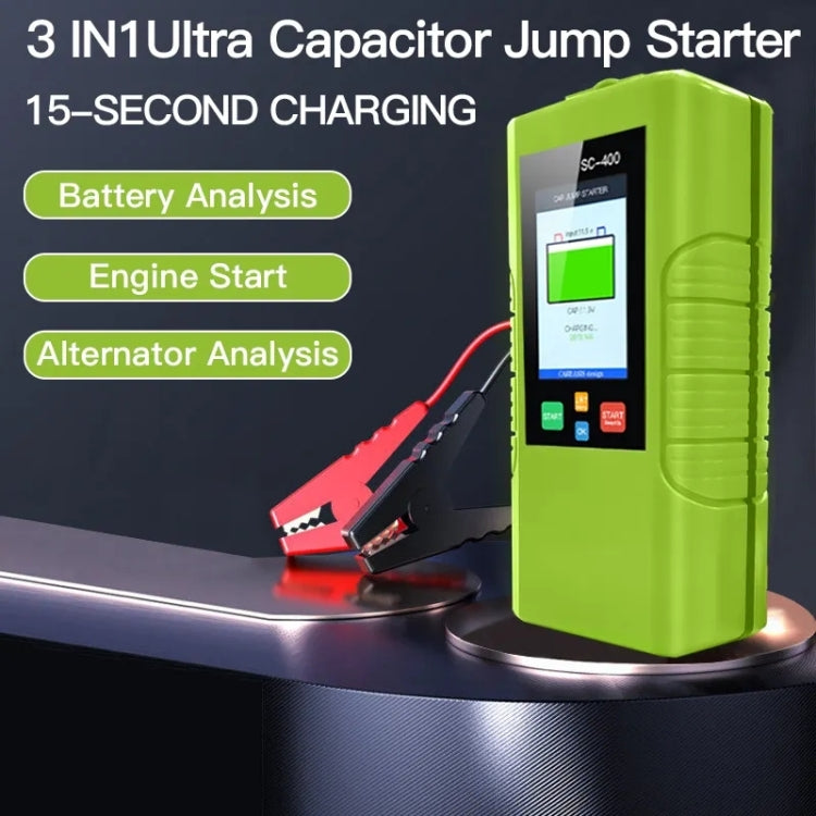 Green 12V jump starter with LCD, red clamp leads, and stand graphic