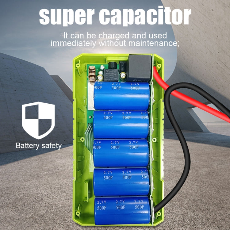 Open green jump starter housing with blue supercapacitor cells and red cable leads