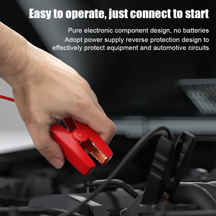 Hand connecting red clamp to battery terminals with black jump starter cables