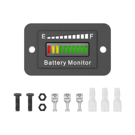 Black LED battery monitor panel with E–F bar indicator and Battery Monitor label