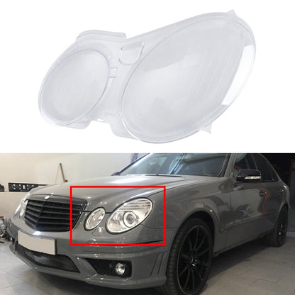 Mercedes-Benz E-Class W211 left headlight transparent protective cover, shown on car