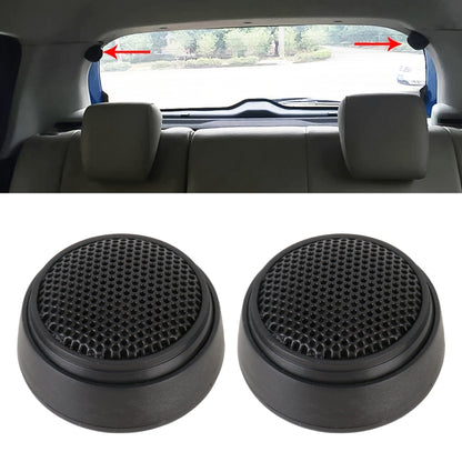 Set of two black car dome tweeter speakers with textured grille and round bases