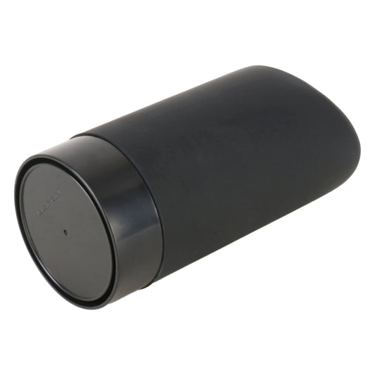 Black cylindrical car mini trash can with round push-top lid, rear view