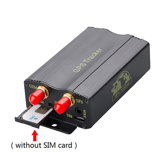 Compact GPS tracker with red and gold ports, SIM slot area, and label sticker