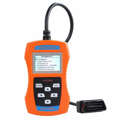 VAG506M orange OBD2 code reader with LCD screen, buttons, and OBD cable