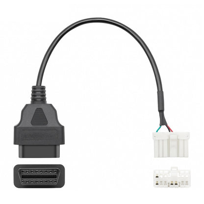 OBDII to 12-pin adapter cable with black OBDII plug and white 12-pin connector