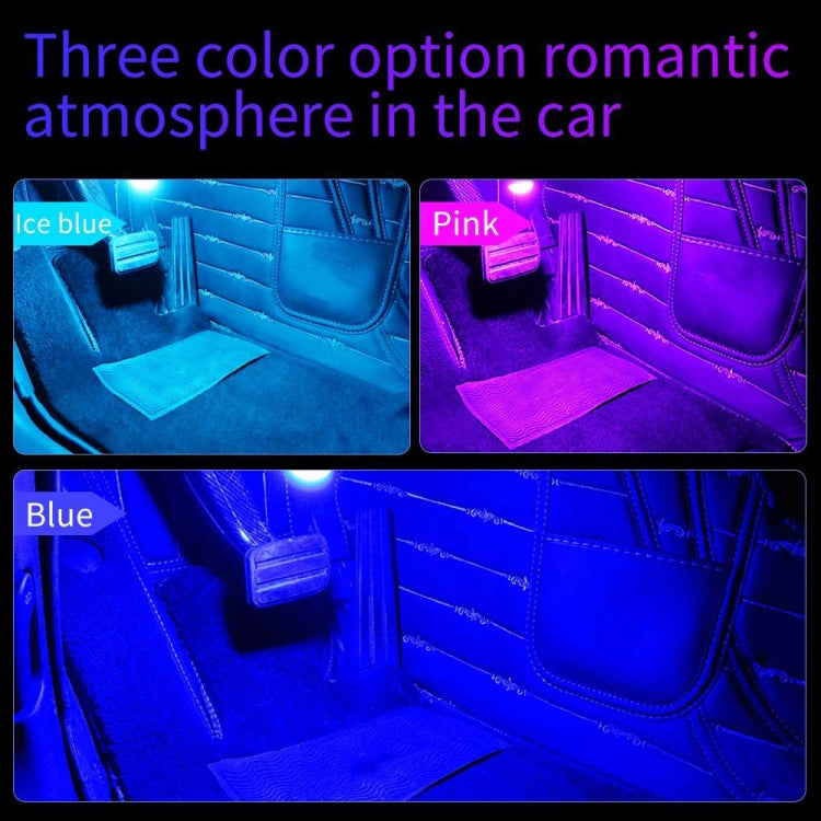 Car foot LED lights shown in ice blue, pink, and blue color options