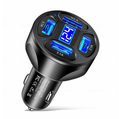 Black 4-in-1 car charger with blue LED voltmeter display and four USB ports
